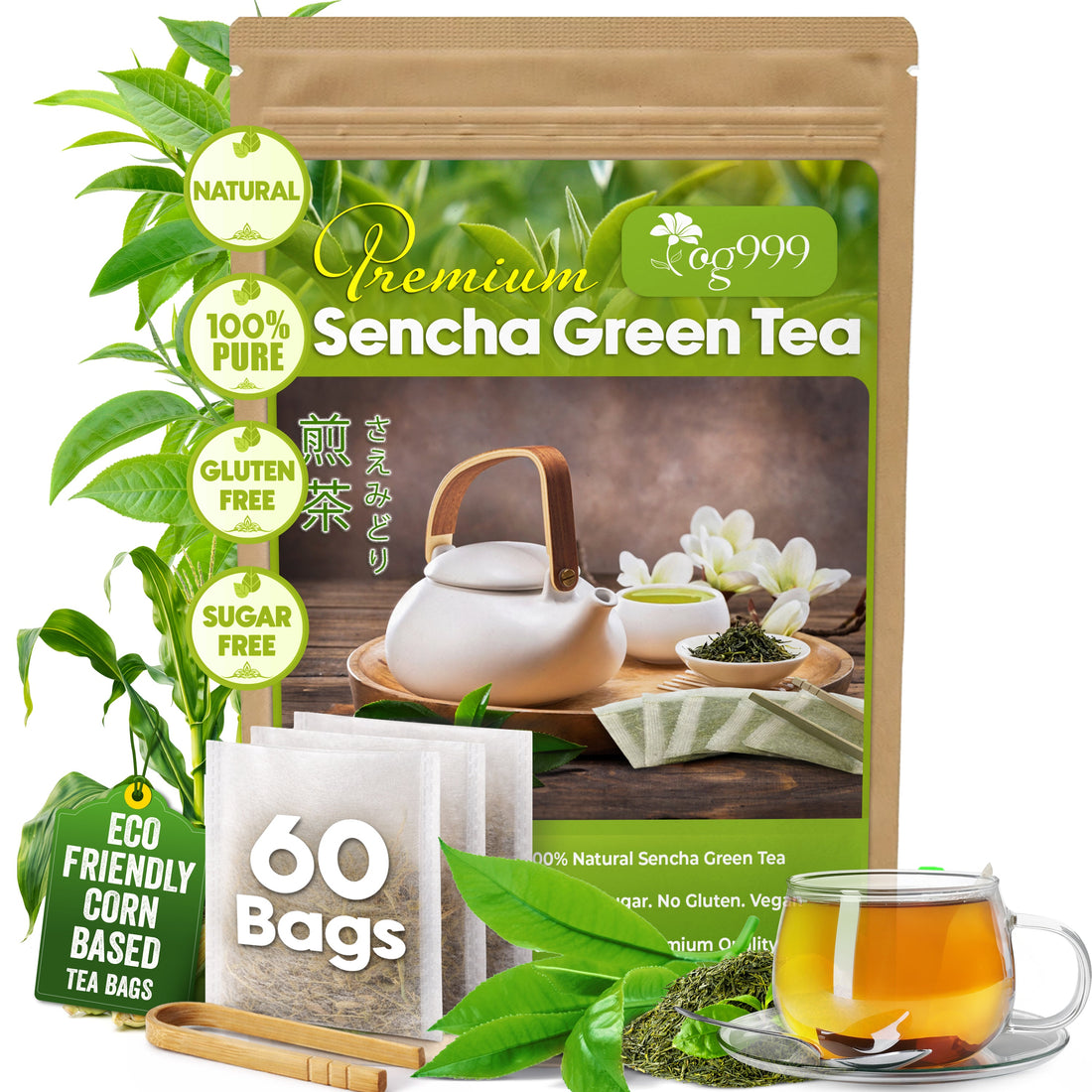 Premium Sencha Green Tea Bags, 100% Natural &amp; Pure from Sencha Green Tea Leaves by FreshDrinkUS - Natural and Premium Herbal Tea