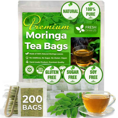 Moringa Leaf Tea Bags, 100% Natural &amp; Pure from Moringa Leaves. Loose Leaf Moringa Herbal Tea. Moringa Leaf Tea. No Sugar, No Caffeine, No Gluten, Vegan
