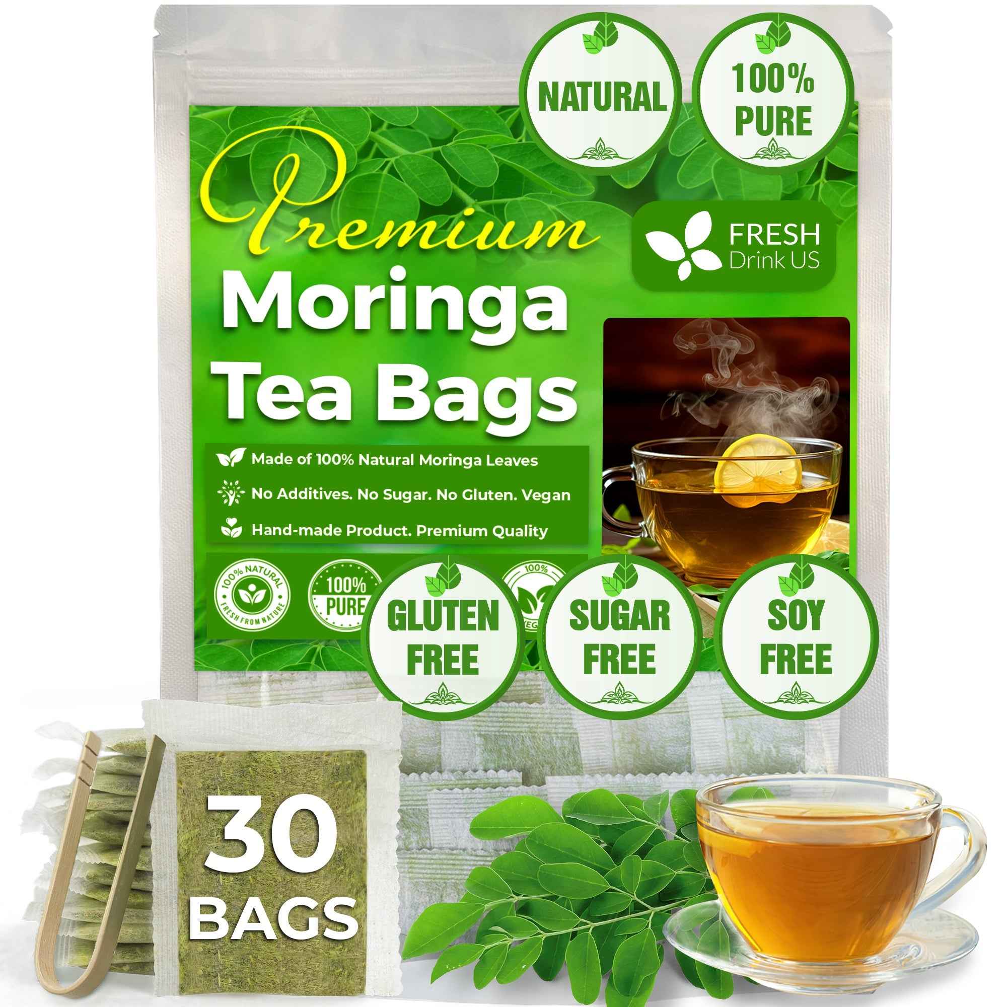 Moringa Leaf Tea Bags, 100% Natural &amp; Pure from Moringa Leaves. Loose Leaf Moringa Herbal Tea. Moringa Leaf Tea. No Sugar, No Caffeine, No Gluten, Vegan
