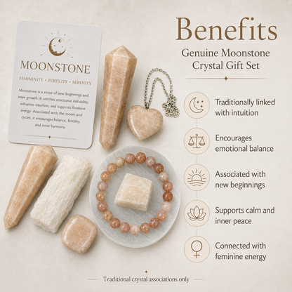 Moonstone Crystal Gift Set For Emotional Support and Protection, Real Polished Gemstones.  DestGlow