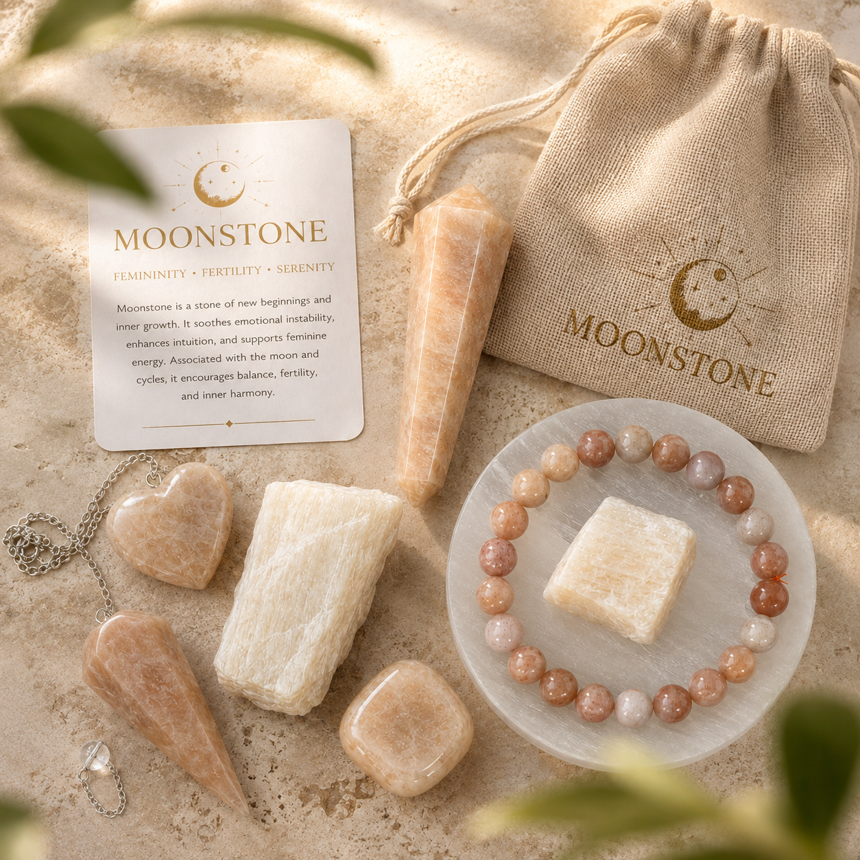 Moonstone Crystal Gift Set For Emotional Support and Protection, Real Polished Gemstones.  DestGlow