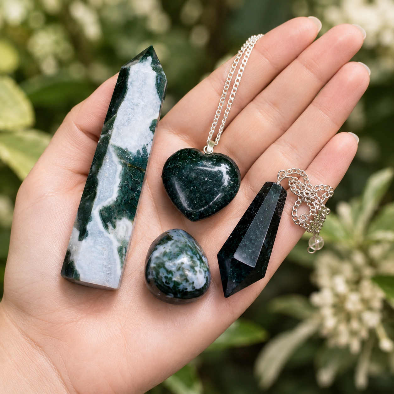 Moss Agate Crystal Gift Set For Emotional Support and Protection, Real Polished Gemstones.  DestGlow
