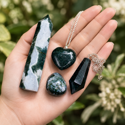 Moss Agate Crystal Gift Set For Emotional Support and Protection, Real Polished Gemstones.  DestGlow