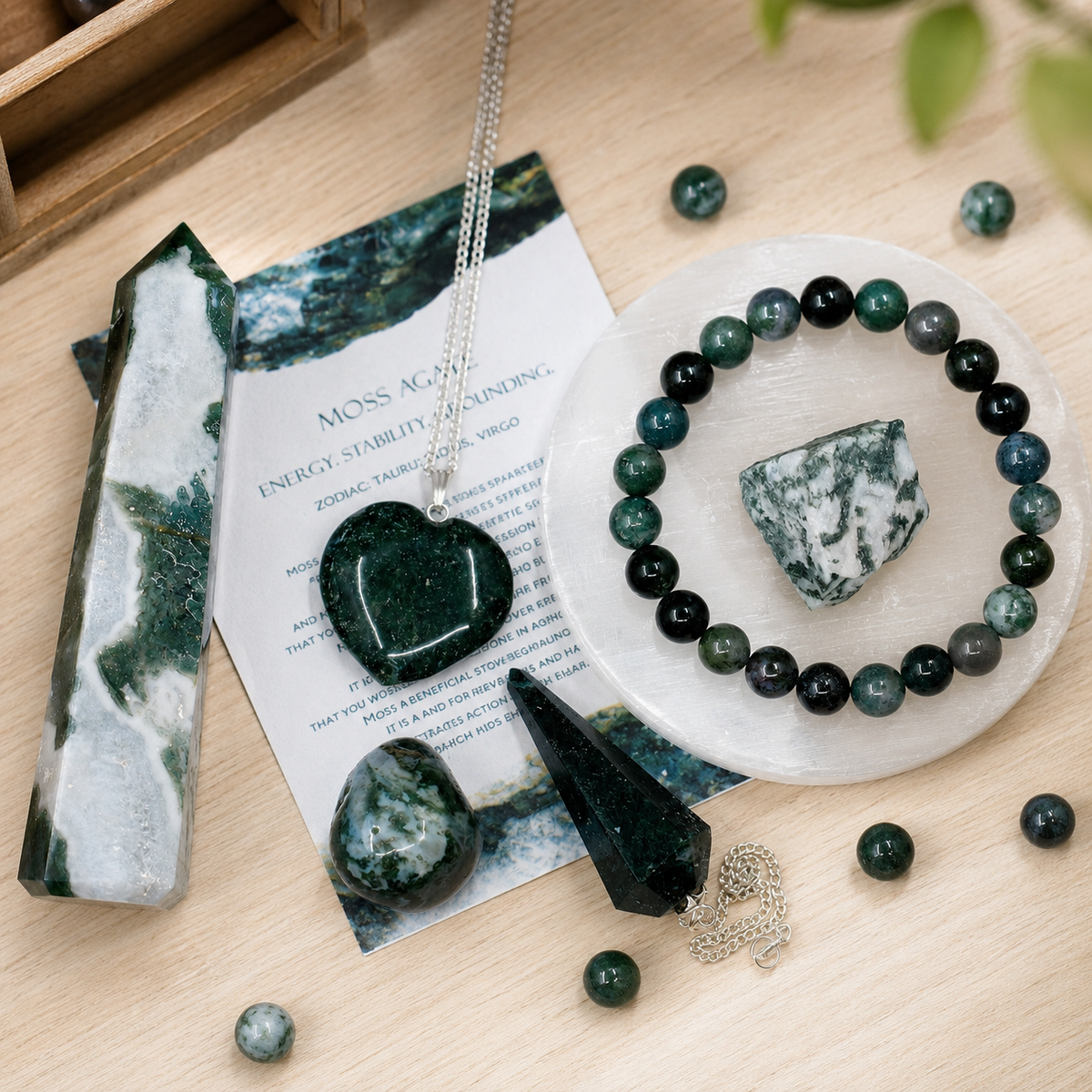 Moss Agate Crystal Gift Set For Emotional Support and Protection, Real Polished Gemstones.  DestGlow