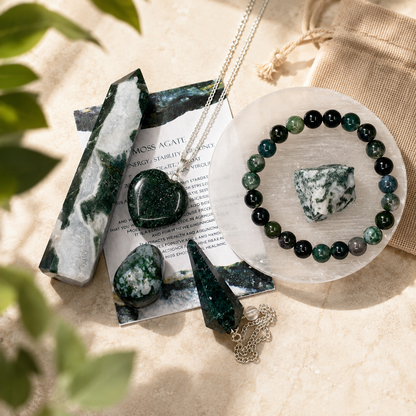Moss Agate Crystal Gift Set For Emotional Support and Protection, Real Polished Gemstones.  DestGlow