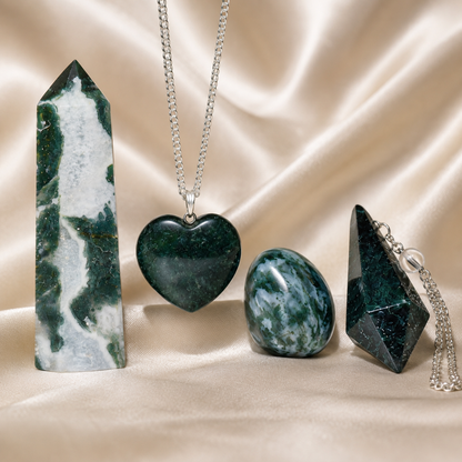 Moss Agate Crystal Gift Set For Emotional Support and Protection, Real Polished Gemstones.  DestGlow