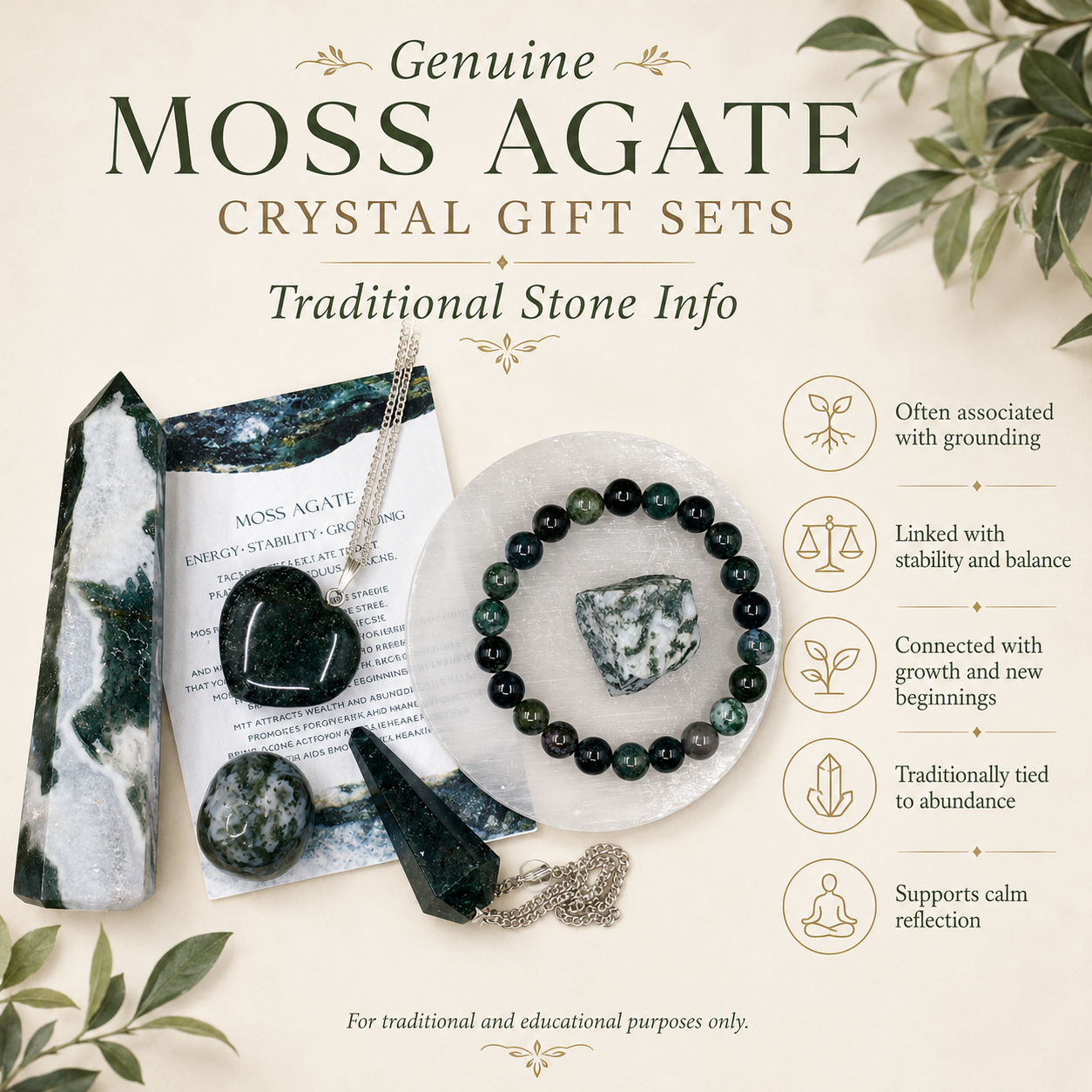 Moss Agate Crystal Gift Set For Emotional Support and Protection, Real Polished Gemstones.  DestGlow