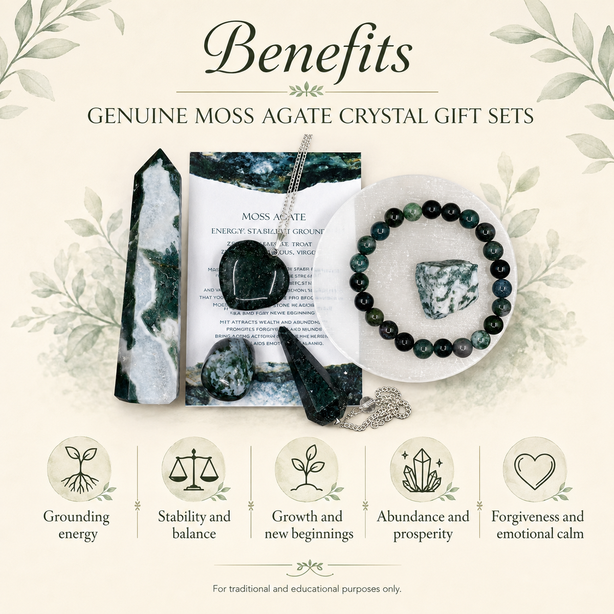 Moss Agate Crystal Gift Set For Emotional Support and Protection, Real Polished Gemstones.  DestGlow
