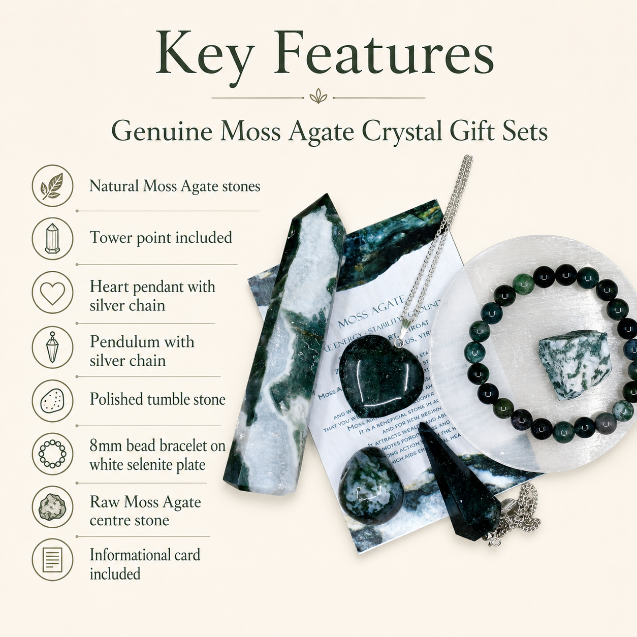 Moss Agate Crystal Gift Set For Emotional Support and Protection, Real Polished Gemstones.  DestGlow