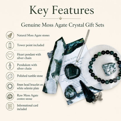 Moss Agate Crystal Gift Set For Emotional Support and Protection, Real Polished Gemstones.  DestGlow