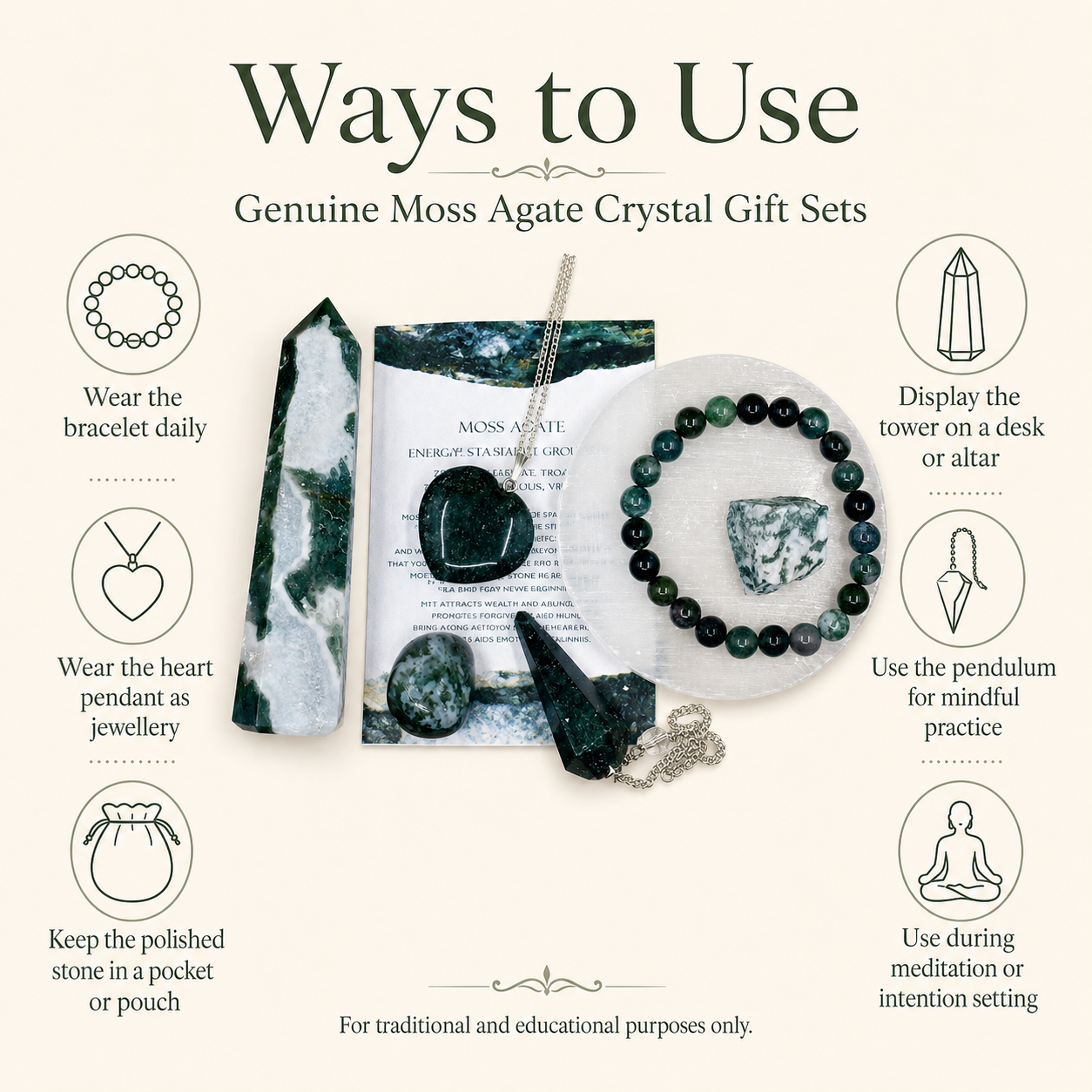 Moss Agate Crystal Gift Set For Emotional Support and Protection, Real Polished Gemstones.  DestGlow
