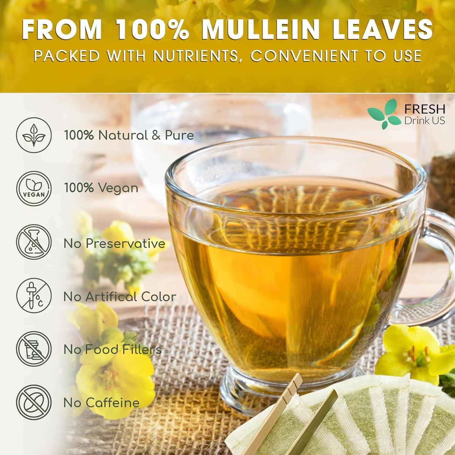 Mullein Leaf Tea Bags, 100% Natural &amp; Pure from Mullein Leaves. Loose Leaf Mullein Herbal Tea. Made with Natural Material Tea Bags. No Sugar, No Caffeine, No Gluten, Vegan.
