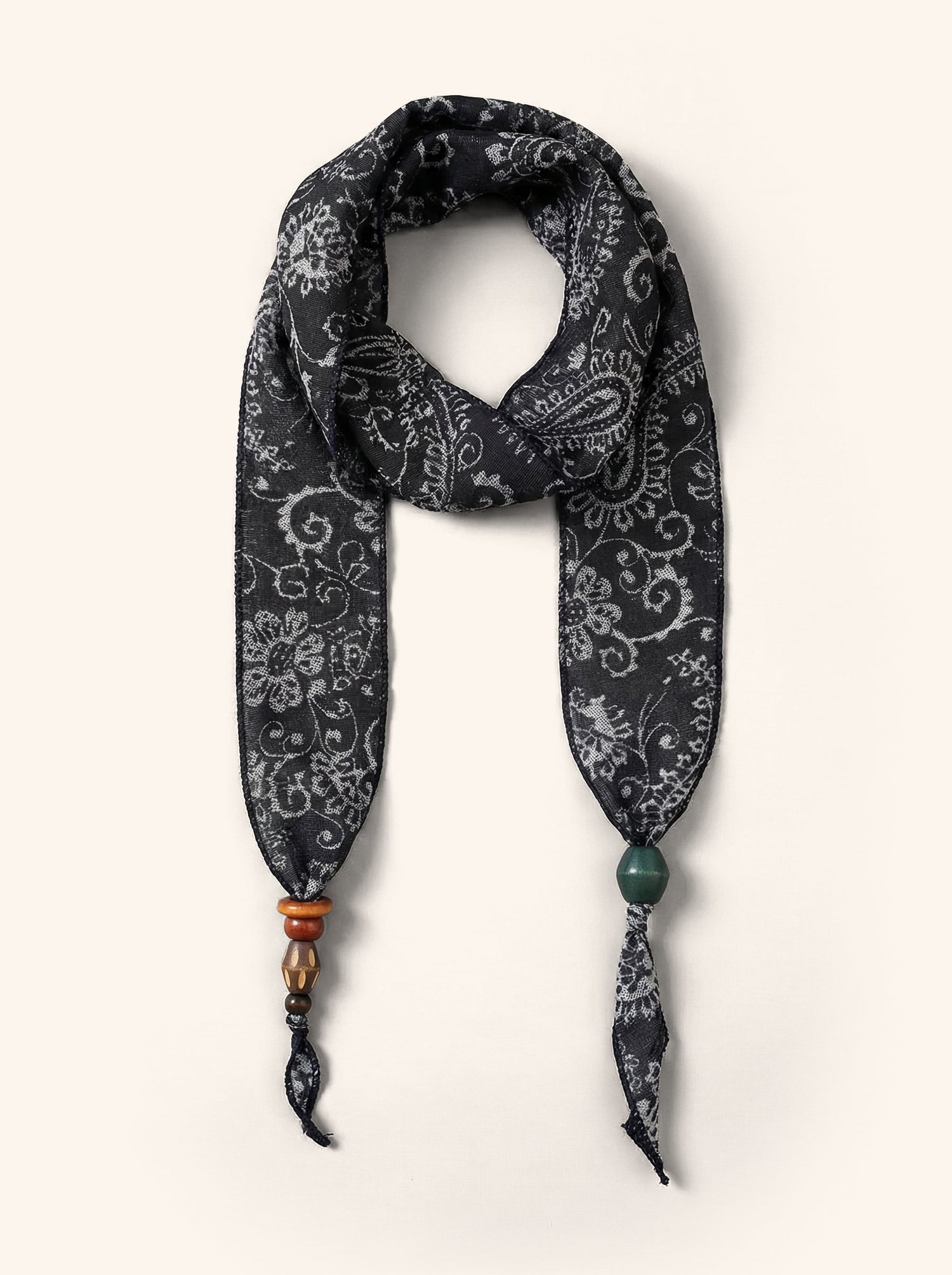 Multi-Functional Floral Satin Scarf With Jade Bead Accents by LINTICO