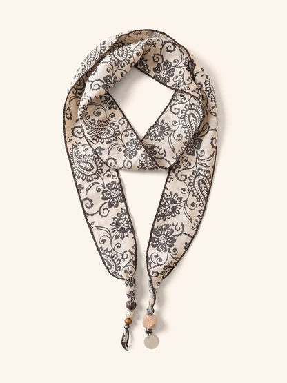 Multi-Functional Floral Satin Scarf With Jade Bead Accents by LINTICO