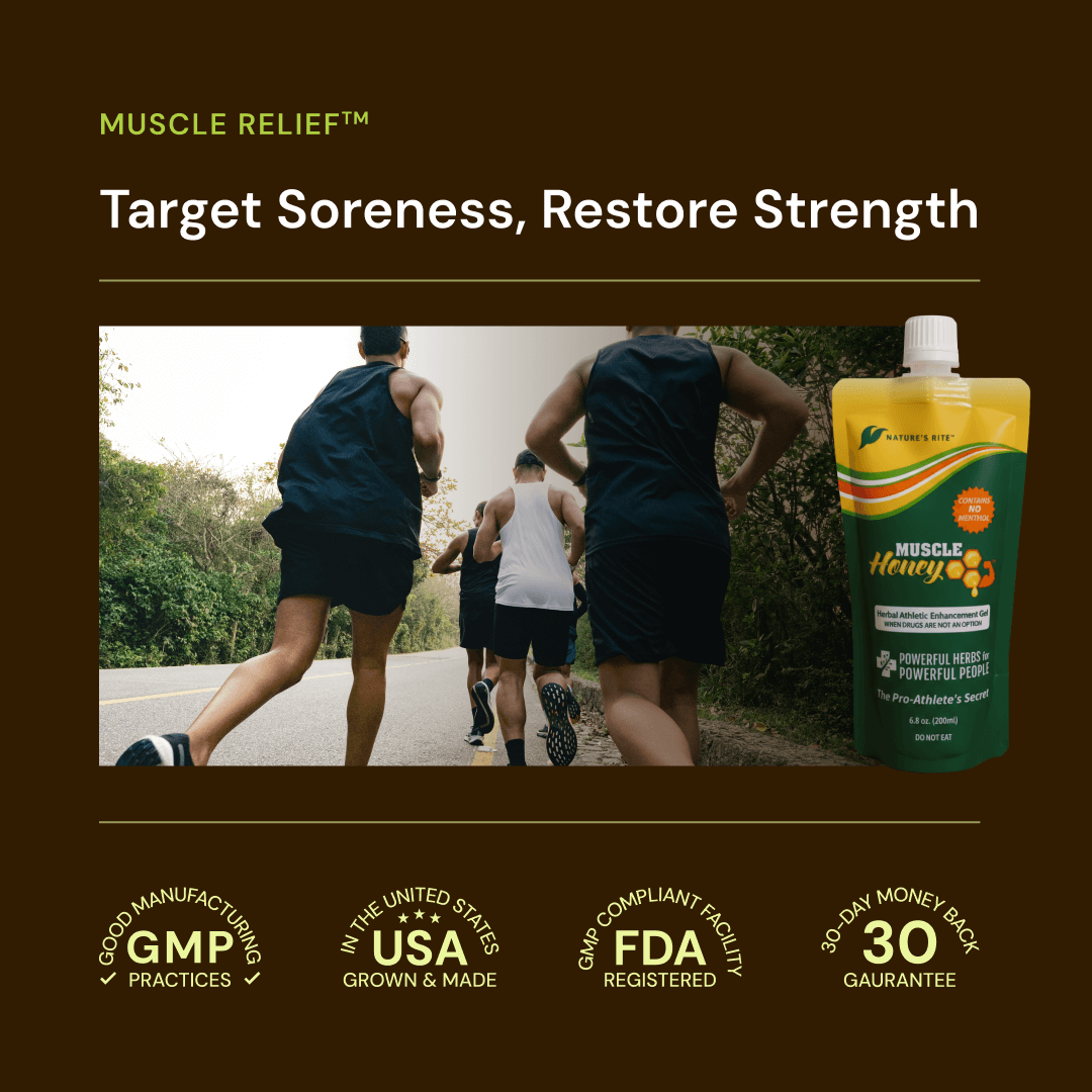 Advertisement for Muscle Heavy muscle relief supplement with runners in the background on a brown background.