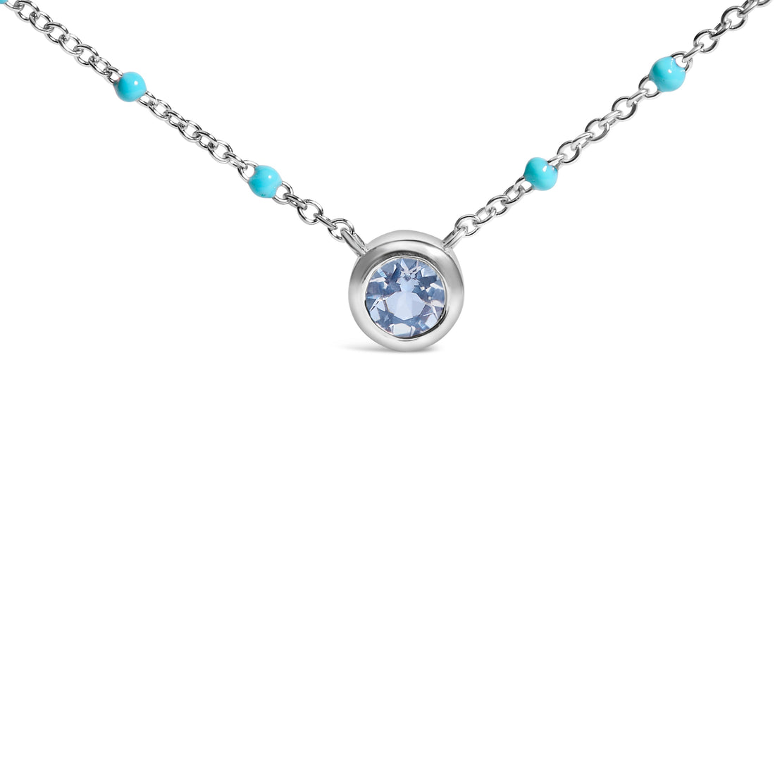 Sterling Silver Bezel Set Light Blue Aquamarine and Enamel Bead Chain Necklace by Bids.com