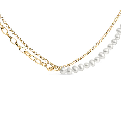 18K Yellow Gold Vermeil Cultured Pearl Strand Necklace with Rolo and Paperclip Chain by Bids.com