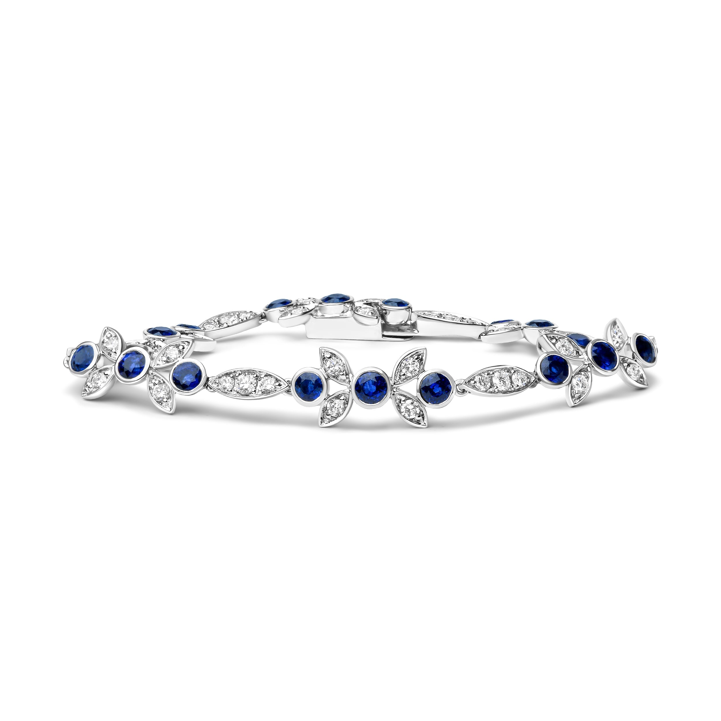 18K White Gold 1 3/4 Cttw Diamond and 3x3mm Round Blue Sapphire Gemstone Floral Link Bracelet (G-H Color, SI1-SI2 Clarity) - Size 7" 