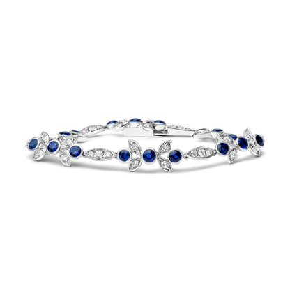 18K White Gold 1 3/4 Cttw Diamond and 3x3mm Round Blue Sapphire Gemstone Floral Link Bracelet (G-H Color, SI1-SI2 Clarity) - Size 7" 