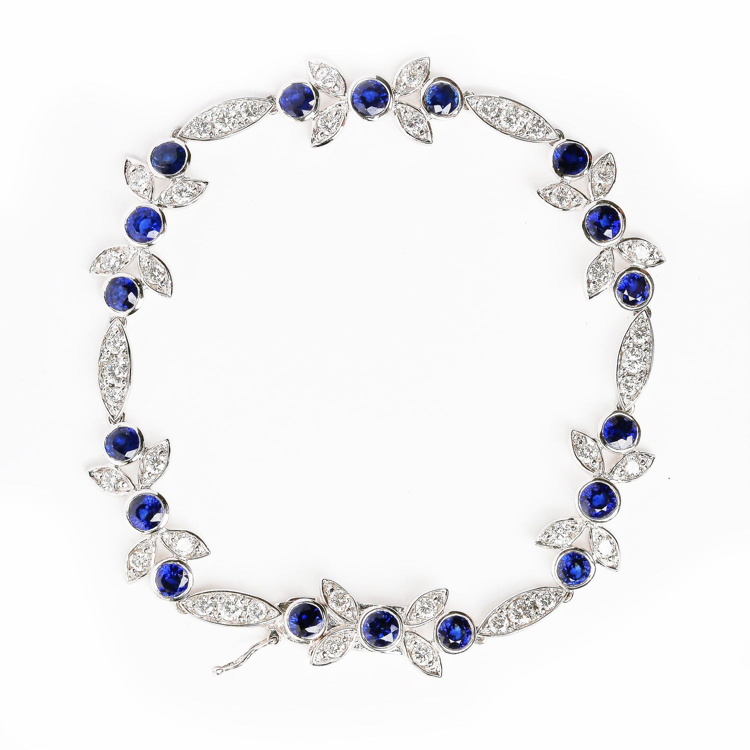 18K White Gold 1 3/4 Cttw Diamond and 3x3mm Round Blue Sapphire Gemstone Floral Link Bracelet (G-H Color, SI1-SI2 Clarity) - Size 7" 