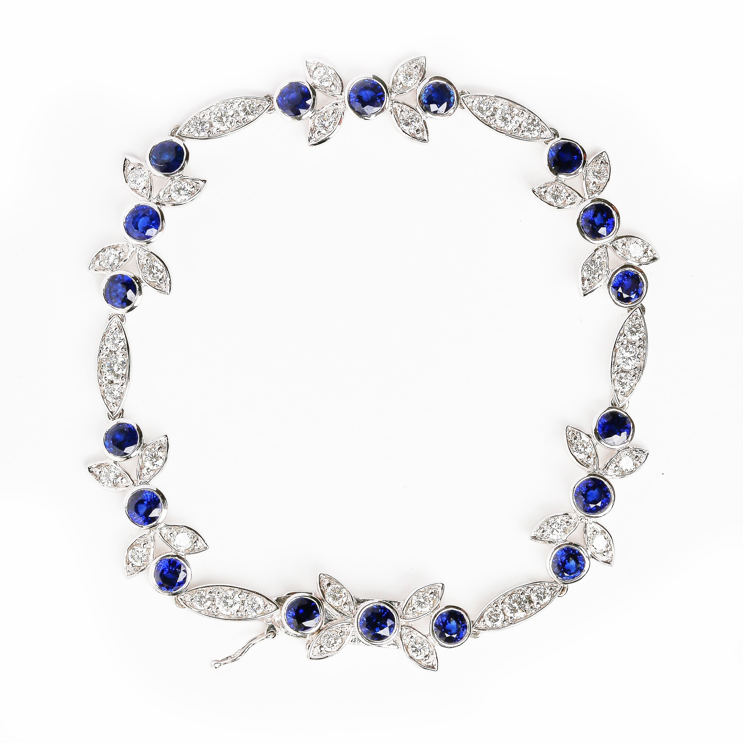 18K White Gold 1 3/4 Cttw Diamond and 3x3mm Round Blue Sapphire Gemstone Floral Link Bracelet (G-H Color, SI1-SI2 Clarity) - Size 7" 