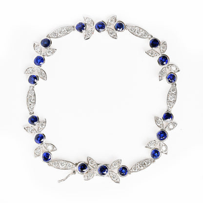 18K White Gold 1 3/4 Cttw Diamond and 3x3mm Round Blue Sapphire Gemstone Floral Link Bracelet (G-H Color, SI1-SI2 Clarity) - Size 7" 