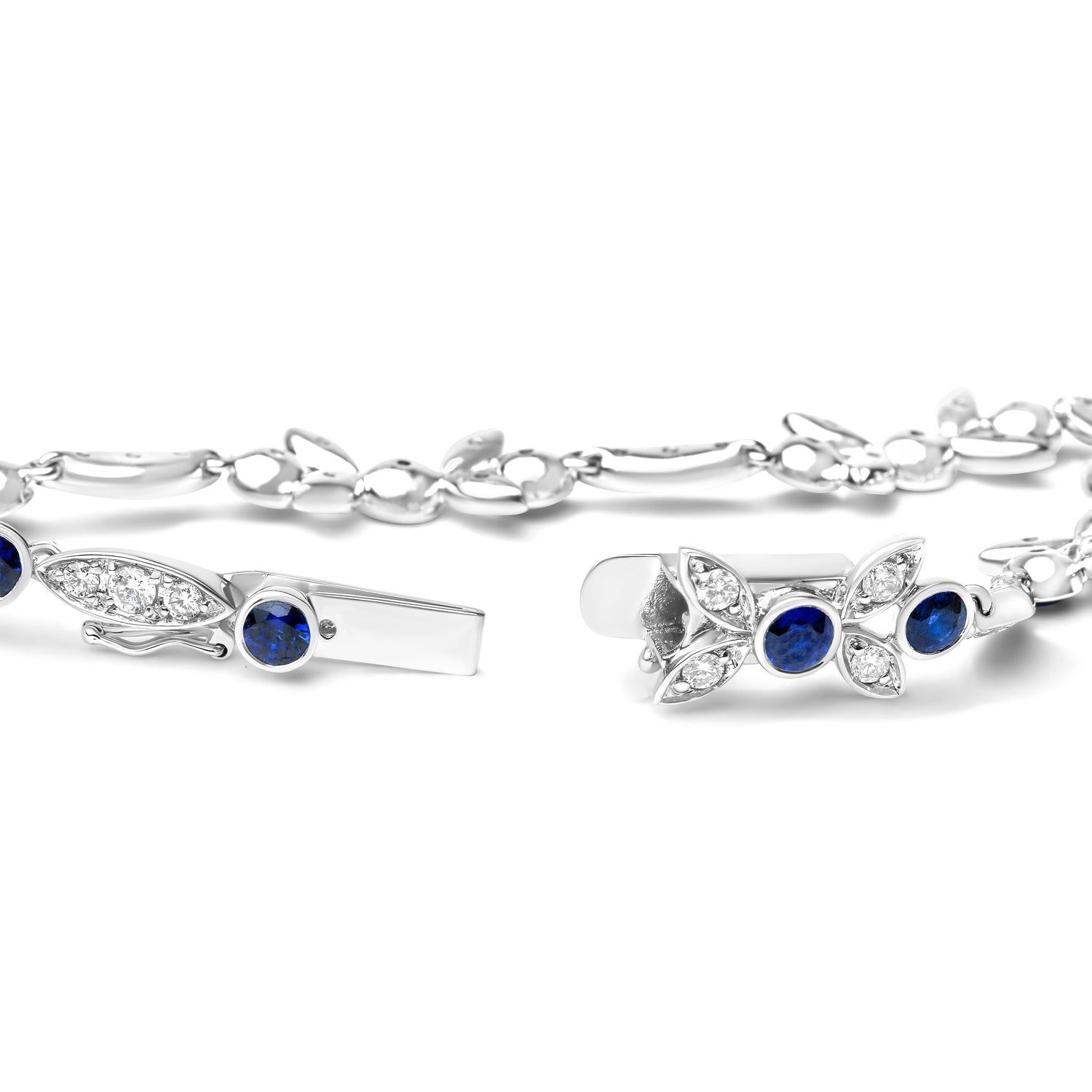18K White Gold 1 3/4 Cttw Diamond and 3x3mm Round Blue Sapphire Gemstone Floral Link Bracelet (G-H Color, SI1-SI2 Clarity) - Size 7" 