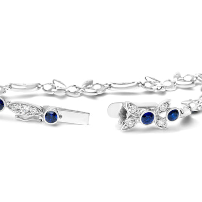 18K White Gold 1 3/4 Cttw Diamond and 3x3mm Round Blue Sapphire Gemstone Floral Link Bracelet (G-H Color, SI1-SI2 Clarity) - Size 7" 
