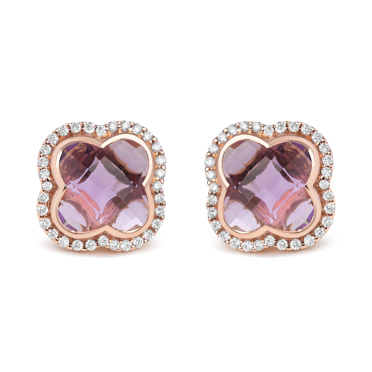 18K Rose Gold 3/8 Cttw Diamond and 11x11mm Clover-Cut Purple Amethyst Gemstone Clover Halo Stud Earrings (G-H Color, SI1-SI2 Clarity) by Bids.com