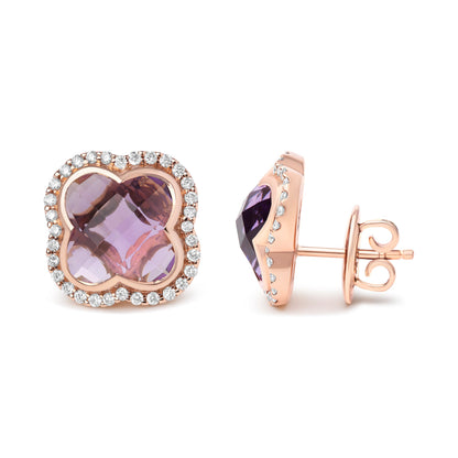 18K Rose Gold 3/8 Cttw Diamond and 11x11mm Clover-Cut Purple Amethyst Gemstone Clover Halo Stud Earrings (G-H Color, SI1-SI2 Clarity) by Bids.com
