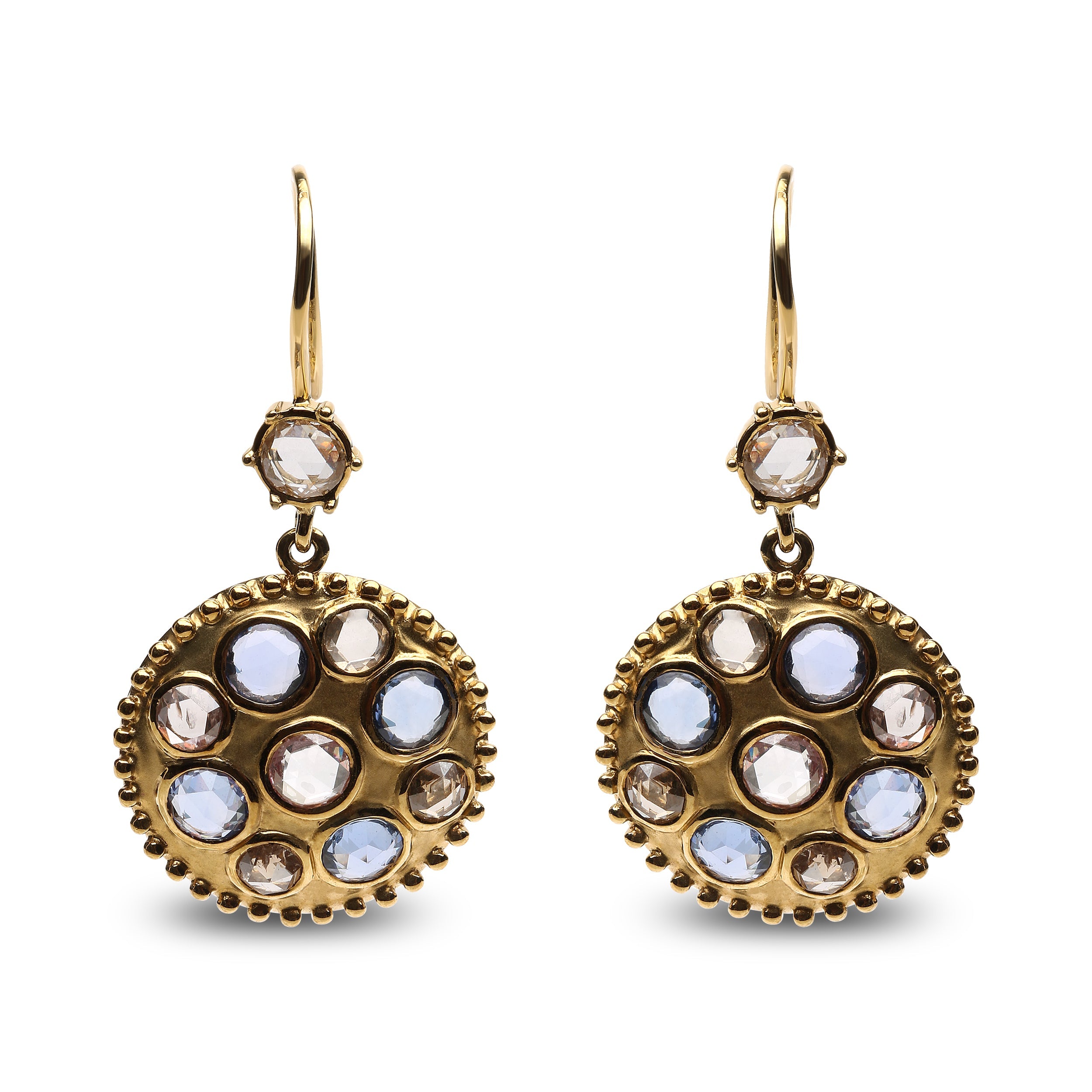 18K Yellow Gold 1 2/3 Cttw Diamond and Blue Sapphire Bezel Set Gemstone Cluster Medallion Dangle Earrings (Brown and G-H Color, SI1-SI2 Clarity) by Bids.com