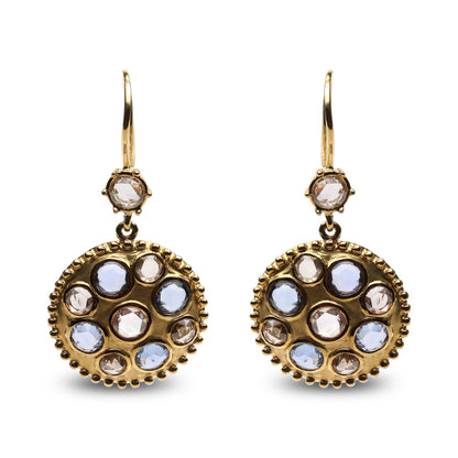 18K Yellow Gold 1 2/3 Cttw Diamond and Blue Sapphire Bezel Set Gemstone Cluster Medallion Dangle Earrings (Brown and G-H Color, SI1-SI2 Clarity) by Bids.com