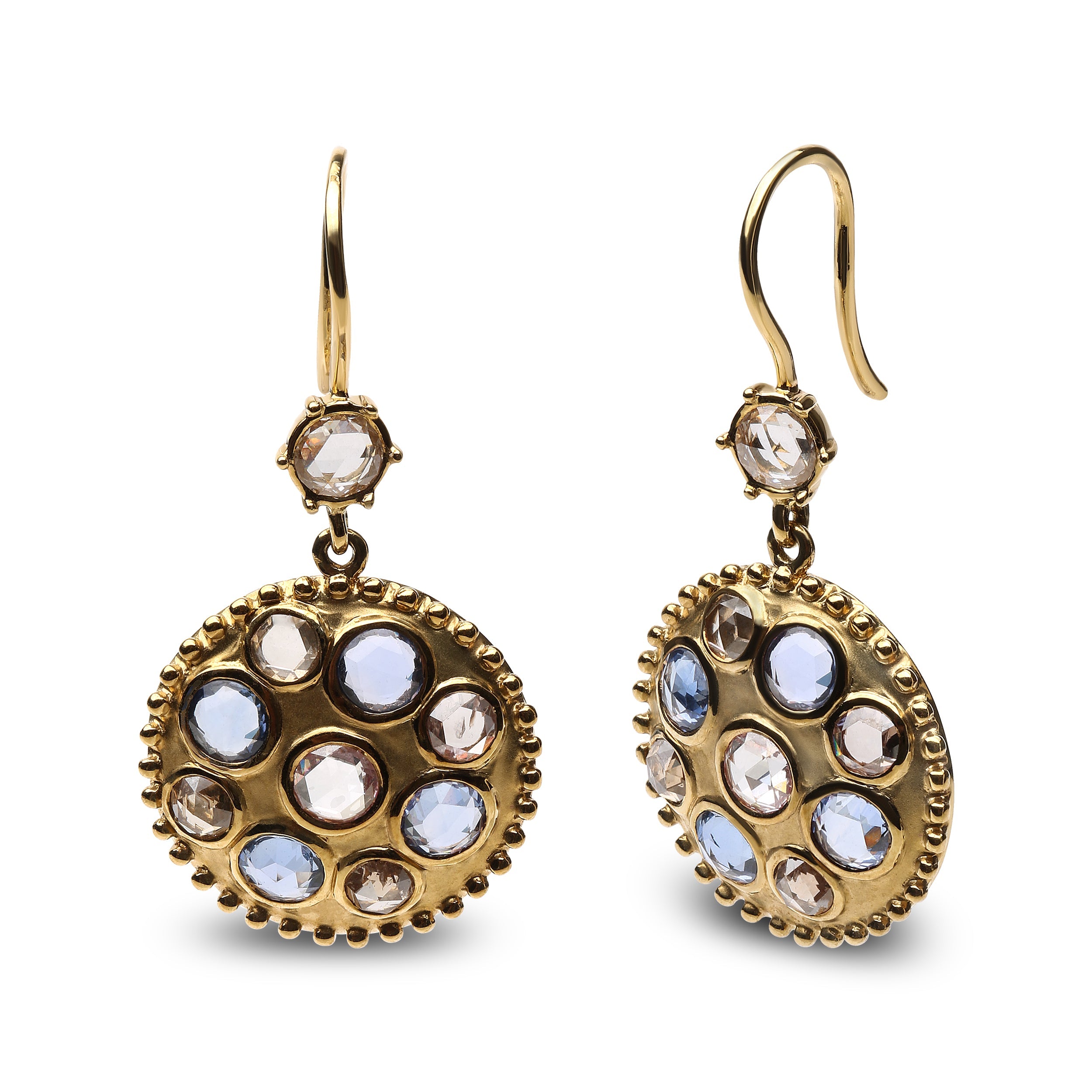18K Yellow Gold 1 2/3 Cttw Diamond and Blue Sapphire Bezel Set Gemstone Cluster Medallion Dangle Earrings (Brown and G-H Color, SI1-SI2 Clarity) by Bids.com