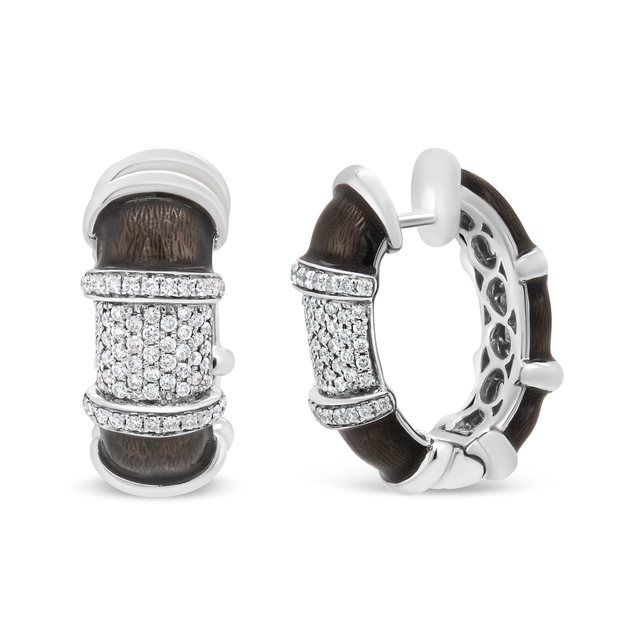 18K White Gold Flash Plated .925 Sterling Silver Clear Graphite Grey Enamel 5/8 Cttw Round Diamonds Huggie Hoop Earrings (F-G Color, VS1-VS2 Clarity) by Bids.com