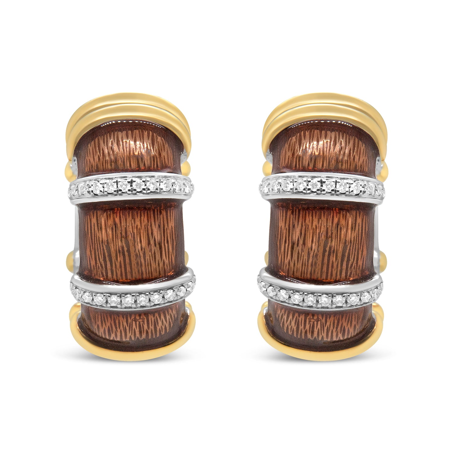 18K Yellow and White Gold Flash Plated .925 Sterling Silver Clear Brown Enamel 9/10 Cttw Round Diamonds Huggie Hoop Earrings (F-G Color, VS1-VS2 Clarity) by Bids.com