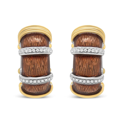 18K Yellow and White Gold Flash Plated .925 Sterling Silver Clear Brown Enamel 9/10 Cttw Round Diamonds Huggie Hoop Earrings (F-G Color, VS1-VS2 Clarity) by Bids.com