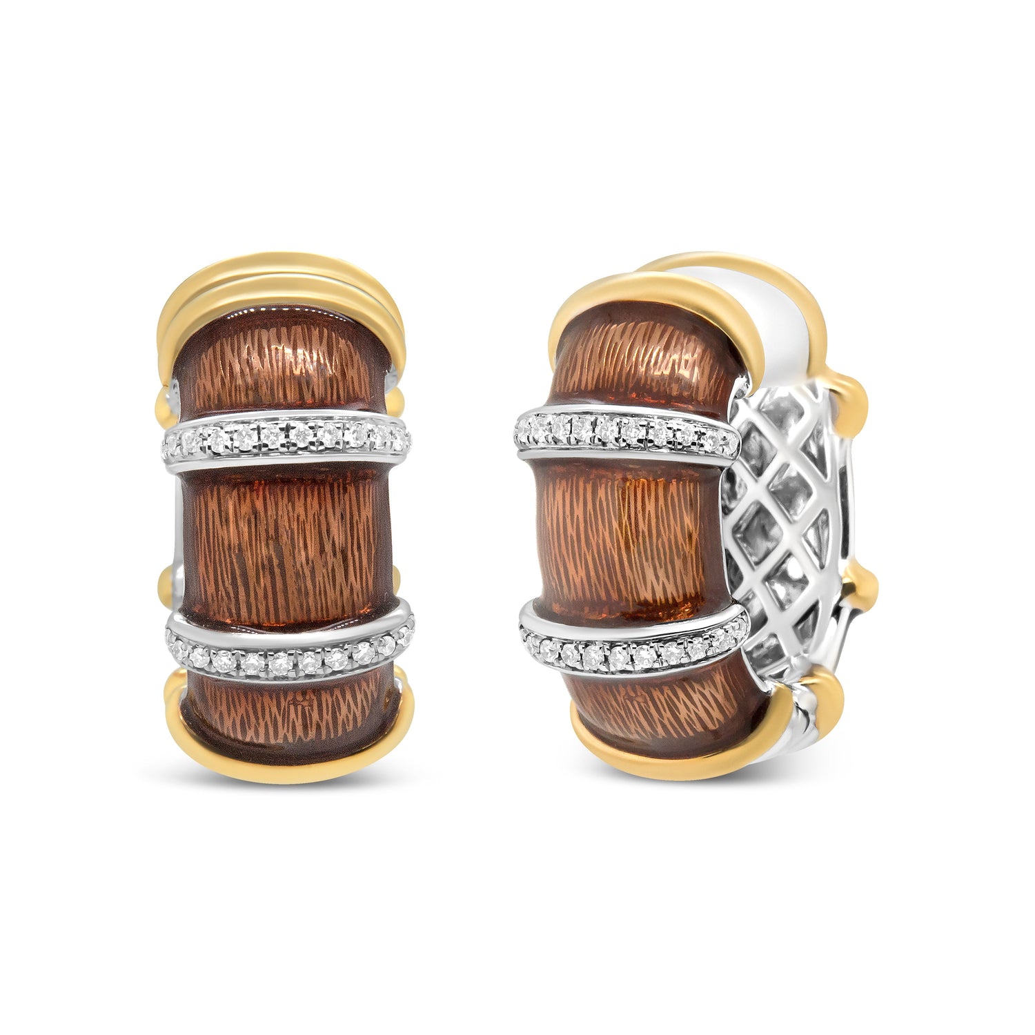 18K Yellow and White Gold Flash Plated .925 Sterling Silver Clear Brown Enamel 9/10 Cttw Round Diamonds Huggie Hoop Earrings (F-G Color, VS1-VS2 Clarity) by Bids.com