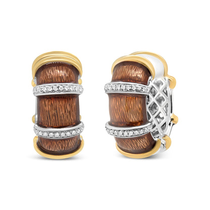 18K Yellow and White Gold Flash Plated .925 Sterling Silver Clear Brown Enamel 9/10 Cttw Round Diamonds Huggie Hoop Earrings (F-G Color, VS1-VS2 Clarity) by Bids.com