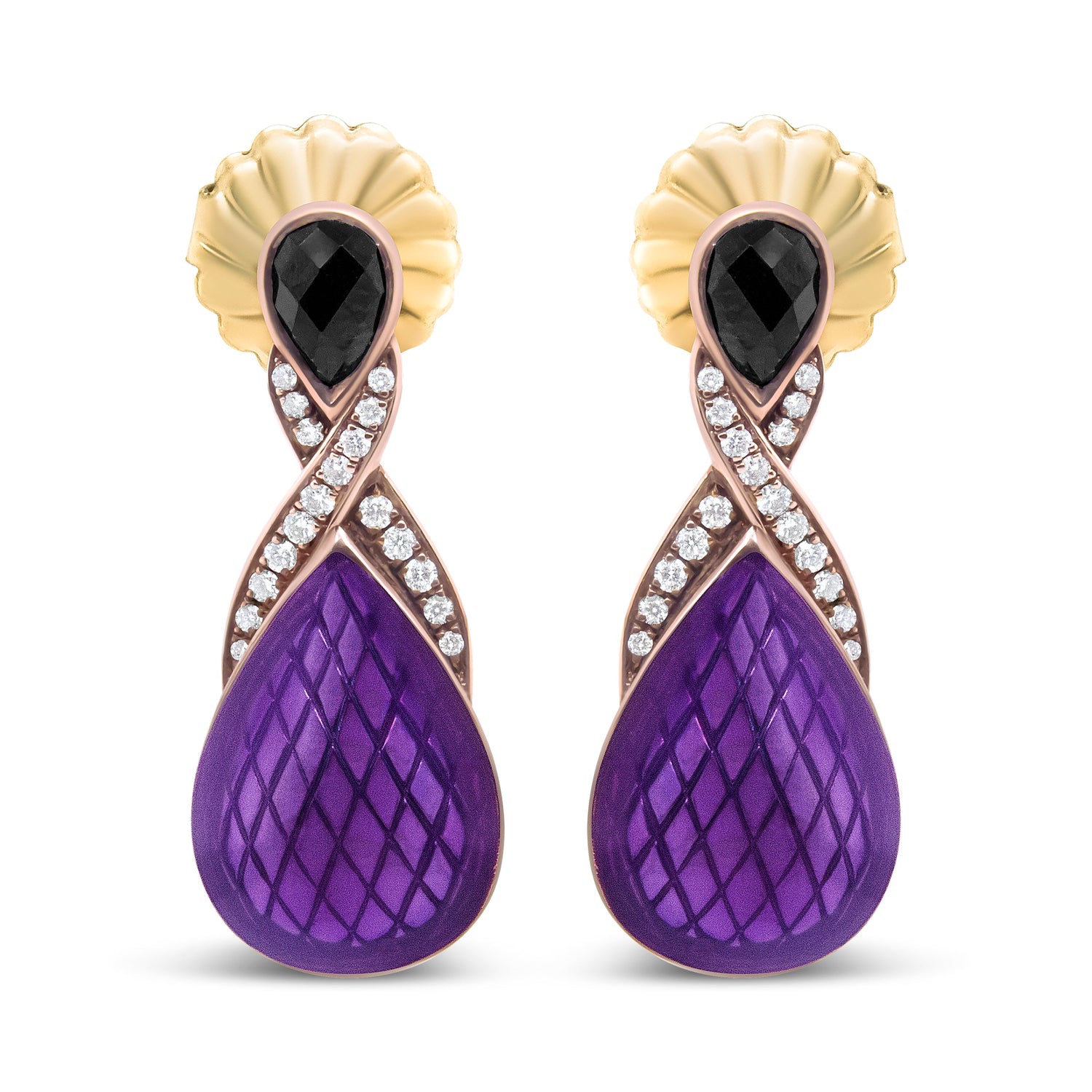 18K Rose Gold Flash Plated .925 Sterling Silver Purple Enamel 1/5 Cttw Round Pave-Set Diamond and 5.5 x 4mm Pear-Shaped Black Onyx Drop Earrings (F-G Color, VS1-VS2 Clarity) by Bids.com