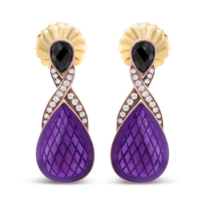 18K Rose Gold Flash Plated .925 Sterling Silver Purple Enamel 1/5 Cttw Round Pave-Set Diamond and 5.5 x 4mm Pear-Shaped Black Onyx Drop Earrings (F-G Color, VS1-VS2 Clarity) by Bids.com