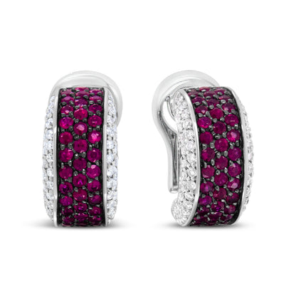 18K White Gold and Black Rhodium Plated 3/4 Cttw Round Diamonds and 1mm Round Red Ruby Huggie Hoop Earrings (F-G Color, VS1-VS2 Clarity) by Bids.com