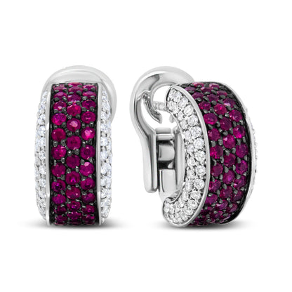 18K White Gold and Black Rhodium Plated 3/4 Cttw Round Diamonds and 1mm Round Red Ruby Huggie Hoop Earrings (F-G Color, VS1-VS2 Clarity) by Bids.com