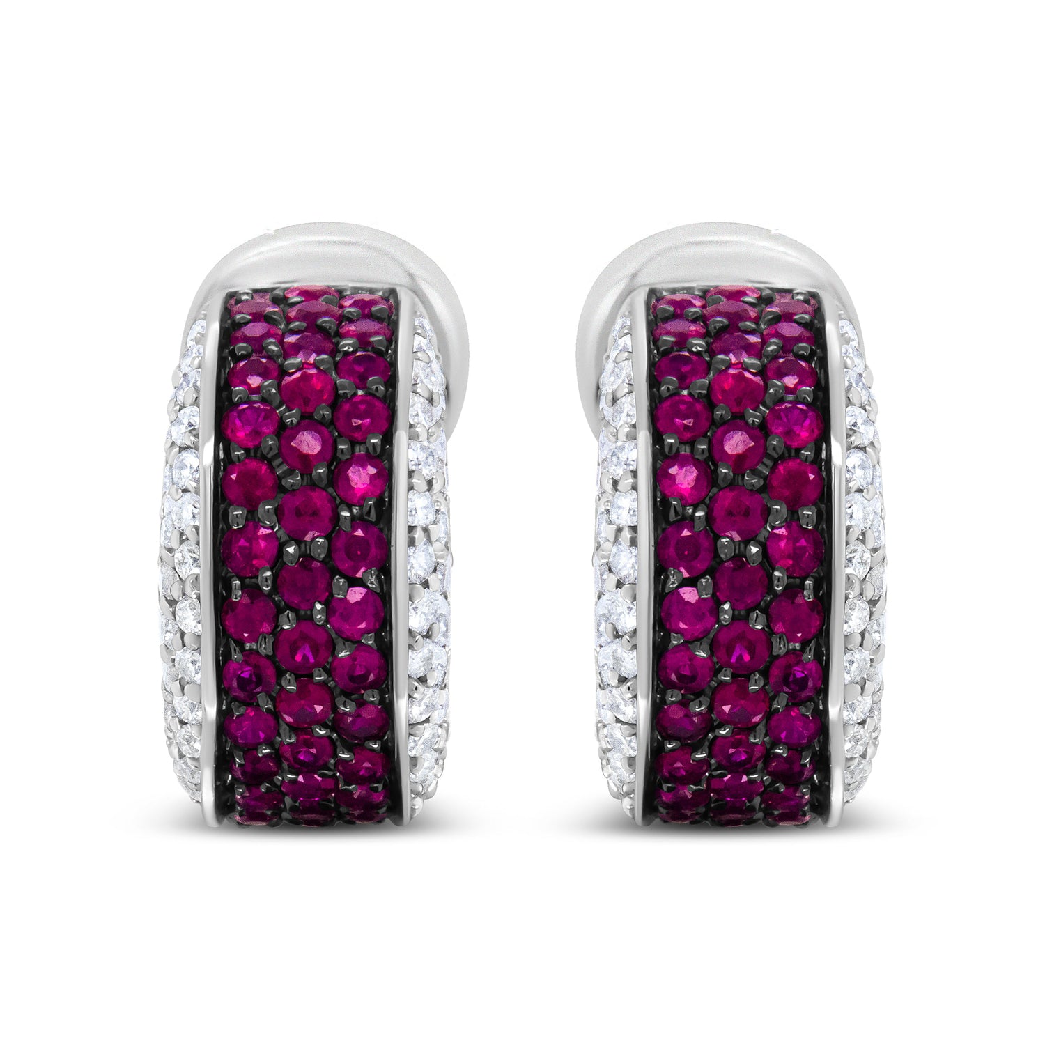 18K White Gold and Black Rhodium Plated 3/4 Cttw Round Diamonds and 1mm Round Red Ruby Huggie Hoop Earrings (F-G Color, VS1-VS2 Clarity) by Bids.com