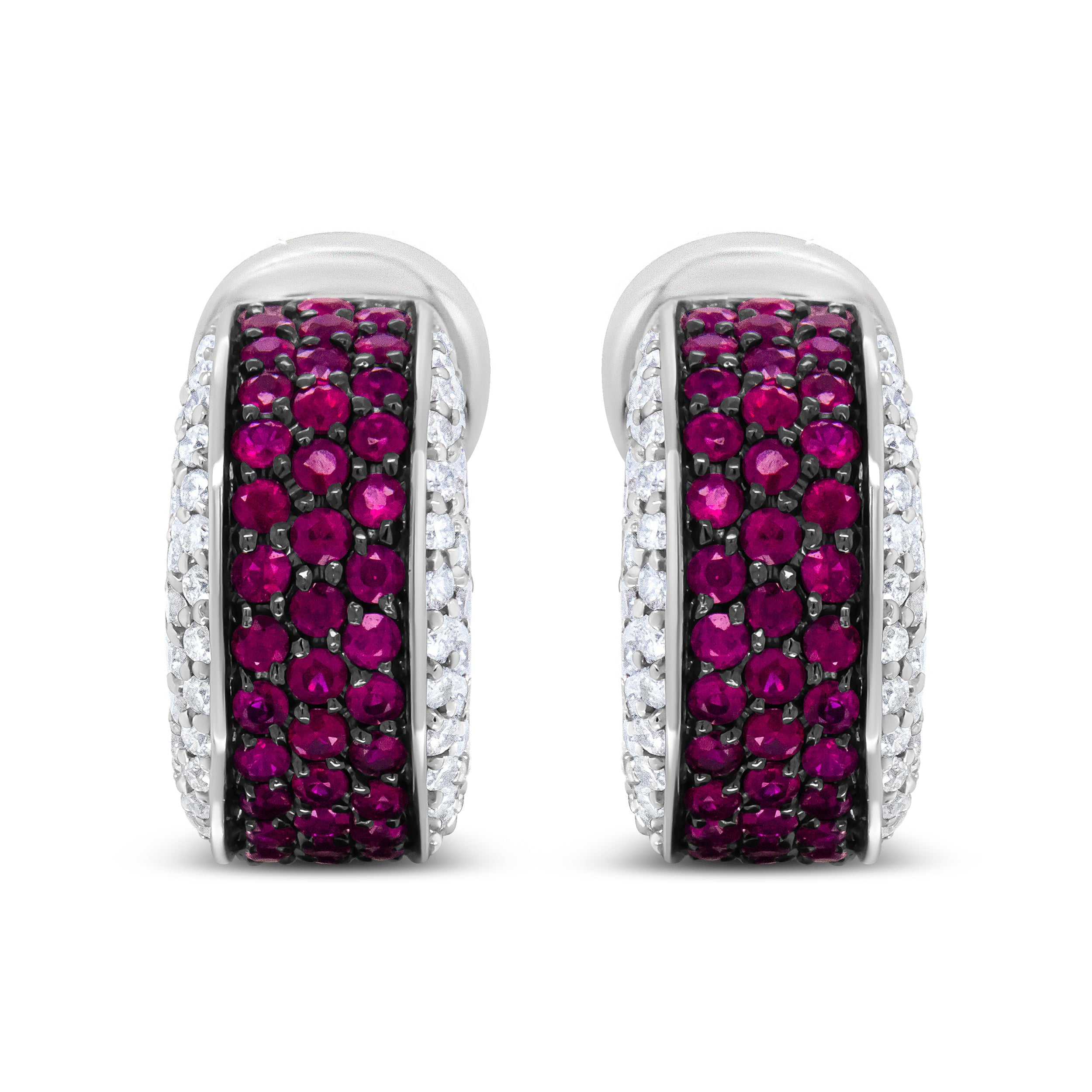 18K White Gold and Black Rhodium Plated 3/4 Cttw Round Diamonds and 1mm Round Red Ruby Huggie Hoop Earrings (F-G Color, VS1-VS2 Clarity) by Bids.com