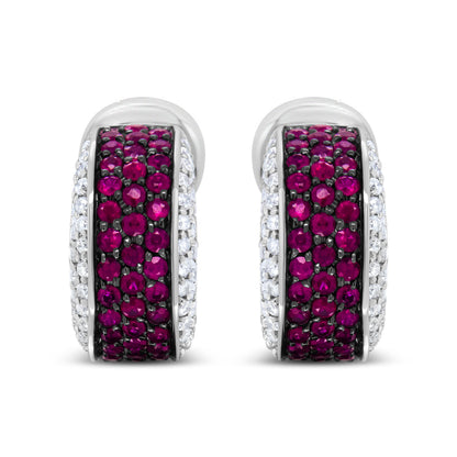 18K White Gold and Black Rhodium Plated 3/4 Cttw Round Diamonds and 1mm Round Red Ruby Huggie Hoop Earrings (F-G Color, VS1-VS2 Clarity) by Bids.com