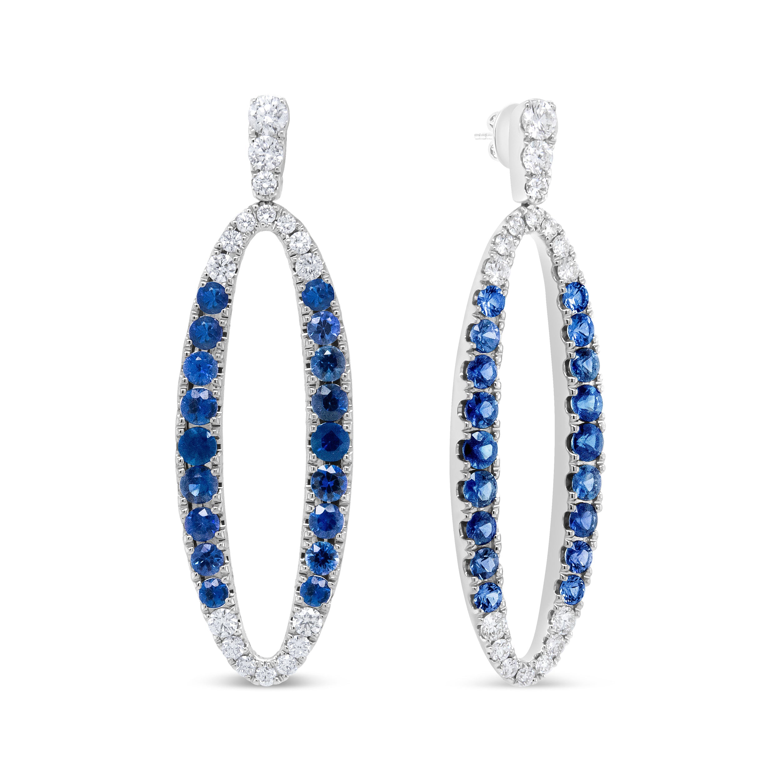 18K White Gold 1.11 Cttw Blue Round Diamond and Blue Sapphire Openwork Oval Shaped Dangle Earrings (F-G Color, VS1-VS2 Clarity) by Bids.com