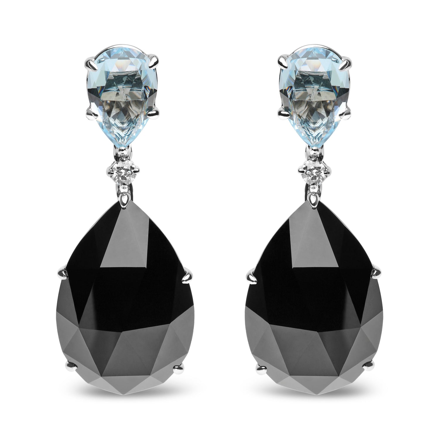 18K White Gold 1/5 Cttw Diamond with Pear Cut Sky Blue Topaz and Pear-Cut Black Onyx Gemstone Dangle Earring (G-H Color, SI1-SI2 Clarity) - DestGlow