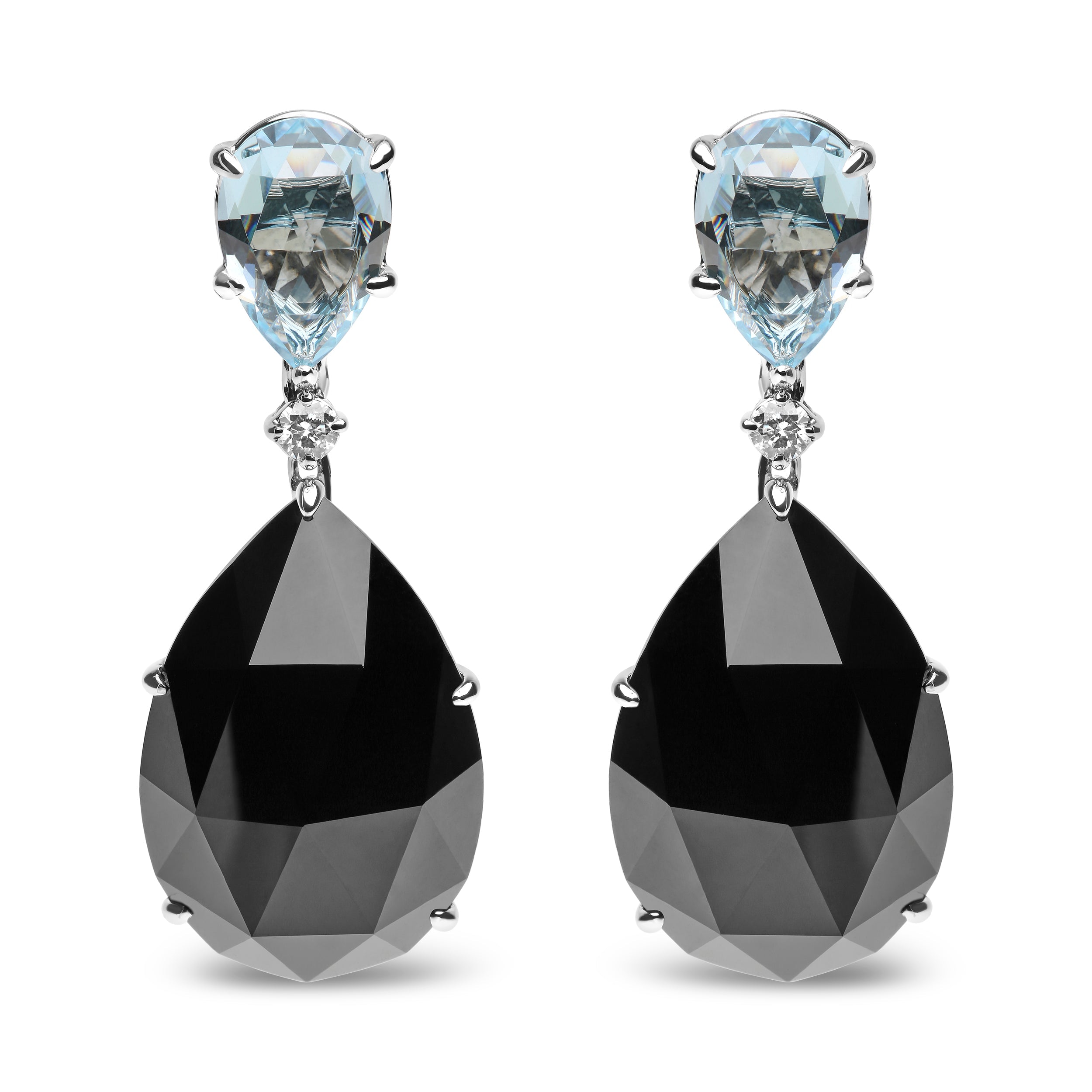 18K White Gold 1/5 Cttw Diamond with Pear Cut Sky Blue Topaz and Pear-Cut Black Onyx Gemstone Dangle Earring (G-H Color, SI1-SI2 Clarity) - DestGlow