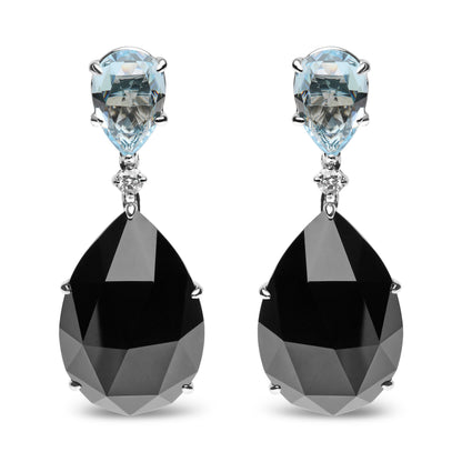 18K White Gold 1/5 Cttw Diamond with Pear Cut Sky Blue Topaz and Pear-Cut Black Onyx Gemstone Dangle Earring (G-H Color, SI1-SI2 Clarity) - DestGlow