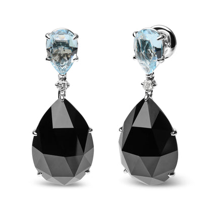 18K White Gold 1/5 Cttw Diamond with Pear Cut Sky Blue Topaz and Pear-Cut Black Onyx Gemstone Dangle Earring (G-H Color, SI1-SI2 Clarity) - DestGlow